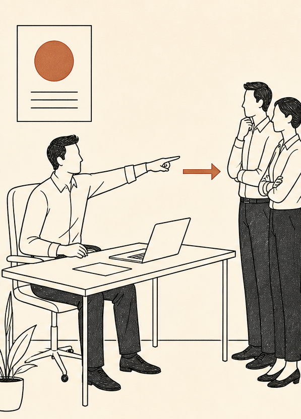 Line-art: a seated manager points decisively forward; two subordinates stand and listen.
