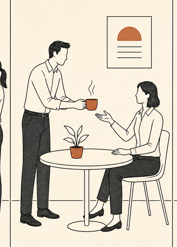 Line-art: a figure offers a cup of tea to a colleague seated at a small table.