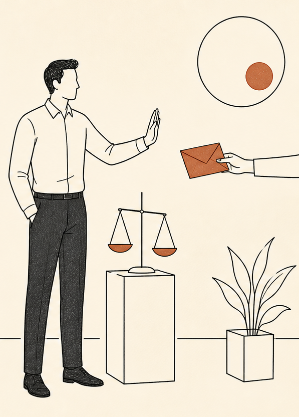 Line-art: a standing figure beside a balance scale refuses an envelope held out from the side.