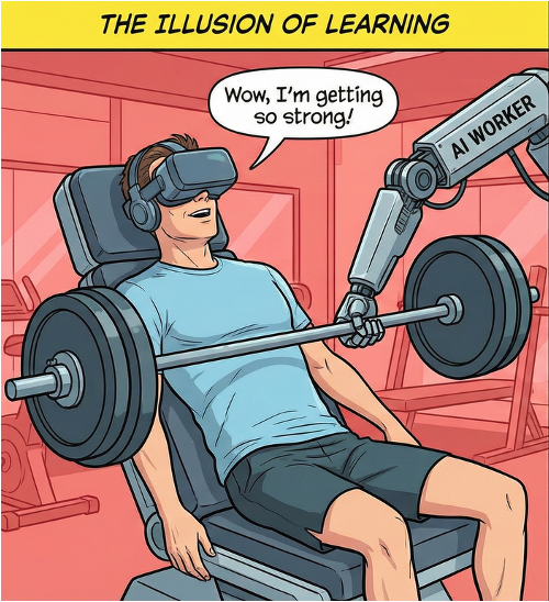 Comic captioned 'The Illusion of Learning': a smiling man in a VR headset says 'Wow, I'm getting so strong!' while a robotic arm labelled 'AI WORKER' actually lifts the barbell for him.