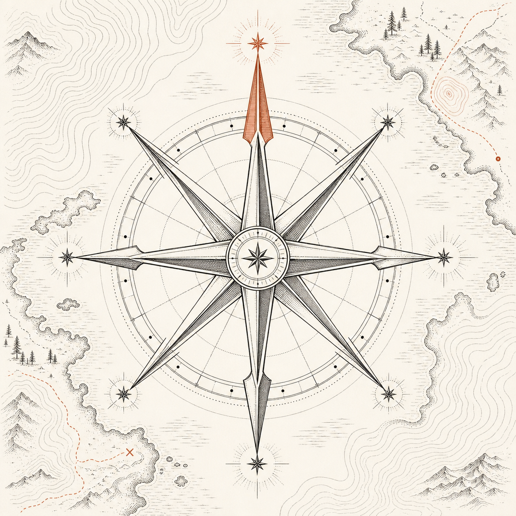 Line-art compass rose on a stylised topographic map, with terracotta accent on the north arrow.