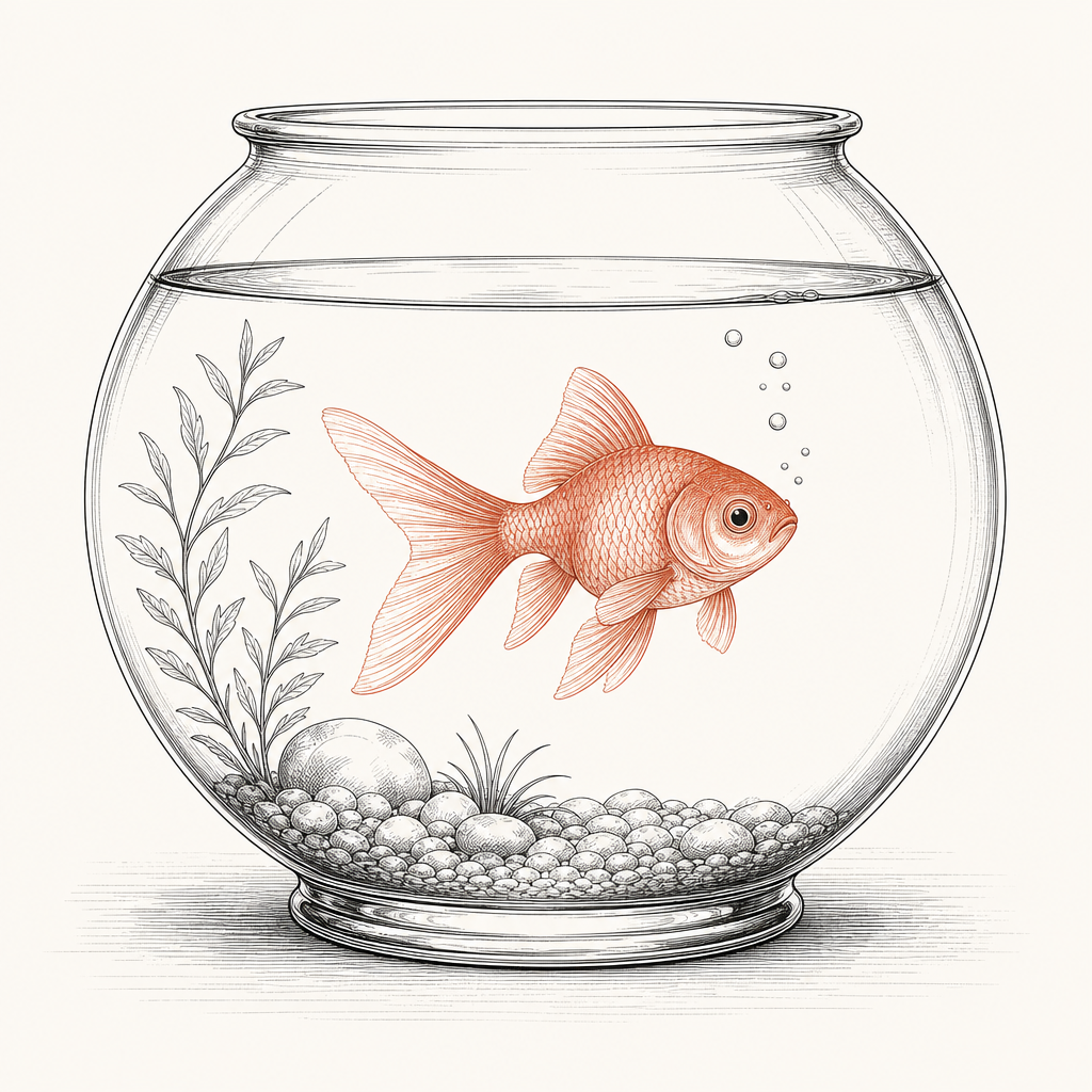 Line-art illustration of a goldfish swimming in a clear round glass bowl, with terracotta accent on the fish — evoking the metaphor that fish notice water last.