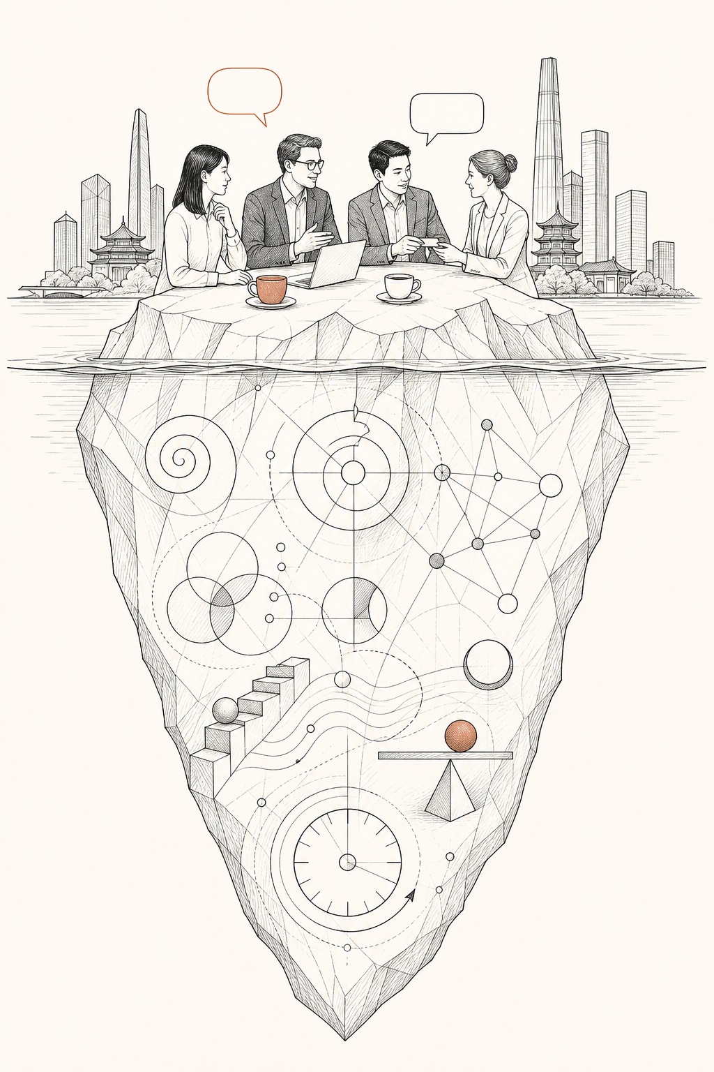 Cultural iceberg illustration in line-art style: small visible portion above water with cross-cultural professional figures, much larger abstract portion below water with terracotta accents.