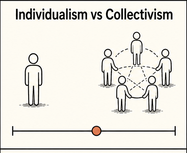 Individualism vs collectivism: a single figure standing alone next to a networked group of figures connected by lines.