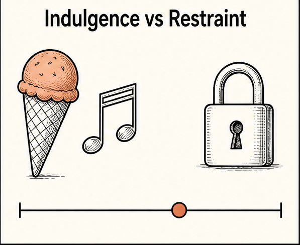 Indulgence vs restraint: an ice-cream cone and a music note contrasted with a padlock.