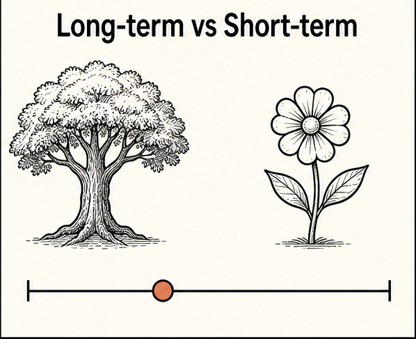Long-term vs short-term orientation: a mature tree contrasted with a flower in bloom.