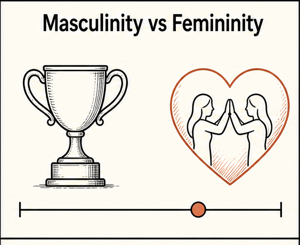 Masculinity vs femininity: a trophy on one side, two embracing figures inside a heart on the other.