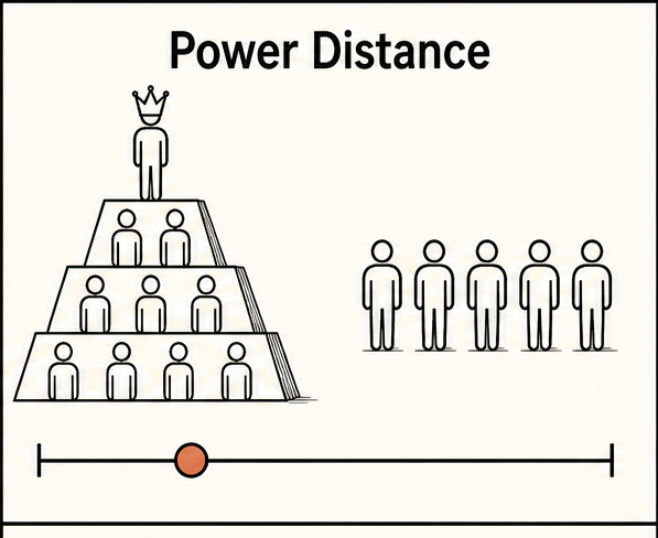 Power distance: a hierarchical pyramid of figures with a crowned figure at the top, contrasted with a flat row of equal figures.