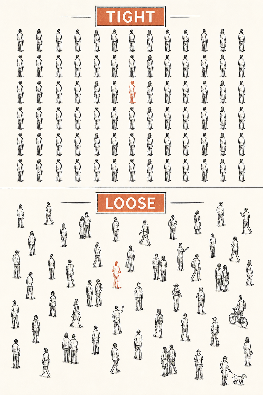 Tightness vs looseness illustration in line-art style: top half shows figures aligned in a strict grid labelled TIGHT, bottom half shows figures scattered freely labelled LOOSE, with terracotta accents.